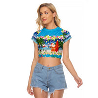 Polynesian Merry Christmas Raglan Cropped T Shirt Funny Santa Beach Tropical Plant and Turtle LT03 Female Multicolor - Polynesian Pride
