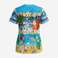 Polynesian Merry Christmas Scrub Top Funny Santa Beach Tropical Plant and Turtle - Polynesian Pride