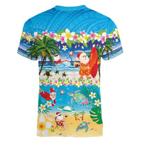 Polynesian Merry Christmas Women V-Neck T-Shirt Funny Santa Beach Tropical Plant and Turtle - Polynesian Pride