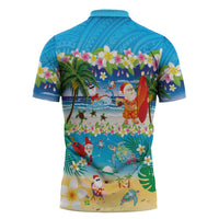 Polynesian Merry Christmas Zipper Polo Shirt Funny Santa Beach Tropical Plant and Turtle - Polynesian Pride