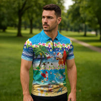 Polynesian Merry Christmas Zipper Polo Shirt Funny Santa Beach Tropical Plant and Turtle - Polynesian Pride