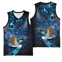 Aotearoa Matariki Basketball Jersey Maori Tribal with Silver Fern and Tui Bird Galaxy Style - Polynesian Pride