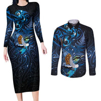 Aotearoa Matariki Couples Matching Long Sleeve Bodycon Dress and Long Sleeve Button Shirt Maori Tribal with Silver Fern and Tui Bird Galaxy Style - Polynesian Pride