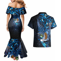 Aotearoa Matariki Couples Matching Mermaid Dress and Hawaiian Shirt Maori Tribal with Silver Fern and Tui Bird Galaxy Style - Polynesian Pride