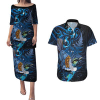 Aotearoa Matariki Couples Matching Puletasi and Hawaiian Shirt Maori Tribal with Silver Fern and Tui Bird Galaxy Style - Polynesian Pride