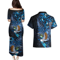 Aotearoa Matariki Couples Matching Puletasi and Hawaiian Shirt Maori Tribal with Silver Fern and Tui Bird Galaxy Style - Polynesian Pride
