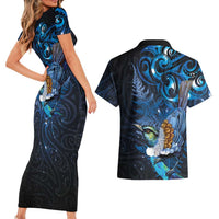 Aotearoa Matariki Couples Matching Short Sleeve Bodycon Dress and Hawaiian Shirt Maori Tribal with Silver Fern and Tui Bird Galaxy Style - Polynesian Pride