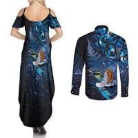 Aotearoa Matariki Couples Matching Summer Maxi Dress and Long Sleeve Button Shirt Maori Tribal with Silver Fern and Tui Bird Galaxy Style - Polynesian Pride