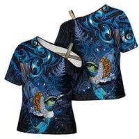 Aotearoa Matariki Cross Shoulder Shirt Maori Tribal with Silver Fern and Tui Bird Galaxy Style - Polynesian Pride