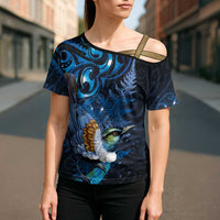 Aotearoa Matariki Cross Shoulder Shirt Maori Tribal with Silver Fern and Tui Bird Galaxy Style - Polynesian Pride