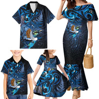 Aotearoa Matariki Family Matching Mermaid Dress and Hawaiian Shirt Maori Tribal with Silver Fern and Tui Bird Galaxy Style - Polynesian Pride