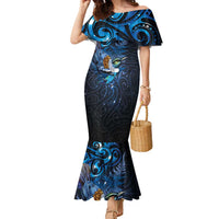 Aotearoa Matariki Family Matching Mermaid Dress and Hawaiian Shirt Maori Tribal with Silver Fern and Tui Bird Galaxy Style - Polynesian Pride
