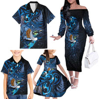 Aotearoa Matariki Family Matching Off The Shoulder Long Sleeve Dress and Hawaiian Shirt Maori Tribal with Silver Fern and Tui Bird Galaxy Style - Polynesian Pride