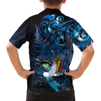 Aotearoa Matariki Family Matching Off Shoulder Short Dress and Hawaiian Shirt Maori Tribal with Silver Fern and Tui Bird Galaxy Style - Polynesian Pride