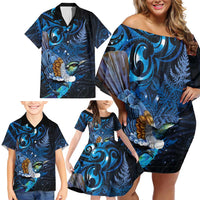 Aotearoa Matariki Family Matching Off Shoulder Short Dress and Hawaiian Shirt Maori Tribal with Silver Fern and Tui Bird Galaxy Style - Polynesian Pride