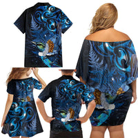 Aotearoa Matariki Family Matching Off Shoulder Short Dress and Hawaiian Shirt Maori Tribal with Silver Fern and Tui Bird Galaxy Style - Polynesian Pride