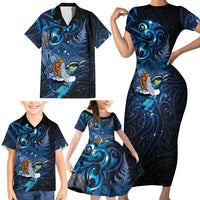 Aotearoa Matariki Family Matching Short Sleeve Bodycon Dress and Hawaiian Shirt Maori Tribal with Silver Fern and Tui Bird Galaxy Style - Polynesian Pride