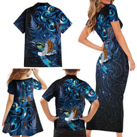 Aotearoa Matariki Family Matching Short Sleeve Bodycon Dress and Hawaiian Shirt Maori Tribal with Silver Fern and Tui Bird Galaxy Style - Polynesian Pride
