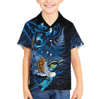 Aotearoa Matariki Family Matching Short Sleeve Bodycon Dress and Hawaiian Shirt Maori Tribal with Silver Fern and Tui Bird Galaxy Style - Polynesian Pride