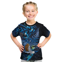 Aotearoa Matariki Kid T Shirt Maori Tribal with Silver Fern and Tui Bird Galaxy Style - Polynesian Pride