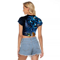 Aotearoa Matariki Raglan Cropped T Shirt Maori Tribal with Silver Fern and Tui Bird Galaxy Style - Polynesian Pride
