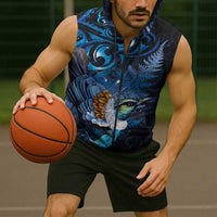 Aotearoa Matariki Sleeveless Zip Hoodie Maori Tribal with Silver Fern and Tui Bird Galaxy Style LT03