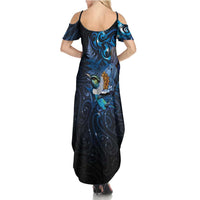Aotearoa Matariki Summer Maxi Dress Maori Tribal with Silver Fern and Tui Bird Galaxy Style - Polynesian Pride