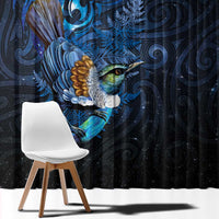 Aotearoa Matariki Window Curtain Maori Tribal with Silver Fern and Tui Bird Galaxy Style - Polynesian Pride