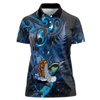 Aotearoa Matariki Women Polo Shirt Maori Tribal with Silver Fern and Tui Bird Galaxy Style LT03 Female Navy - Polynesian Pride