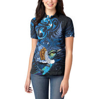 Aotearoa Matariki Women Polo Shirt Maori Tribal with Silver Fern and Tui Bird Galaxy Style LT03 - Polynesian Pride