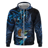 Aotearoa Matariki Zip Hoodie Maori Tribal with Silver Fern and Tui Bird Galaxy Style - Polynesian Pride