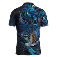 Aotearoa Matariki Zipper Polo Shirt Maori Tribal with Silver Fern and Tui Bird Galaxy Style - Polynesian Pride