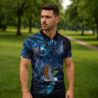 Aotearoa Matariki Zipper Polo Shirt Maori Tribal with Silver Fern and Tui Bird Galaxy Style - Polynesian Pride