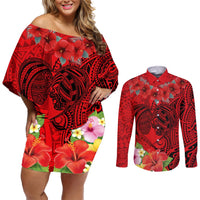 Personalised Hawaii Valentine Day Couples Matching Off Shoulder Short Dress and Long Sleeve Button Shirt Couple Love Heart mix Hibiscus and Polynesian Tattoo LT03 Red - Polynesian Pride