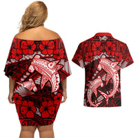Polynesian Shark Valentine Day Couples Matching Off Shoulder Short Dress and Hawaiian Shirt Hibiscus and Tribal Tattoo Red Style LT03 - Polynesian Pride