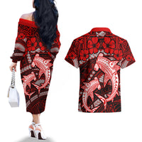 Polynesian Shark Valentine Day Couples Matching Off The Shoulder Long Sleeve Dress and Hawaiian Shirt Hibiscus and Tribal Tattoo Red Style LT03 - Polynesian Pride