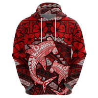 Polynesian Shark Valentine Day Zip Hoodie Hibiscus and Tribal Tattoo Red Style LT03 - Polynesian Pride