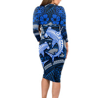 Polynesian Shark Valentine Day Long Sleeve Bodycon Dress Hibiscus and Tribal Tattoo Blue Style LT03 - Polynesian Pride