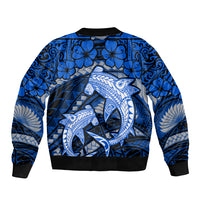 Polynesian Shark Valentine Day Sleeve Zip Bomber Jacket Hibiscus and Tribal Tattoo Blue Style LT03 - Polynesian Pride