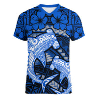 Polynesian Shark Valentine Day Women V Neck T Shirt Hibiscus and Tribal Tattoo Blue Style LT03 Female Blue - Polynesian Pride
