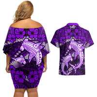 Polynesian Shark Valentine Day Couples Matching Off Shoulder Short Dress and Hawaiian Shirt Hibiscus and Tribal Tattoo Purple Style LT03 - Polynesian Pride