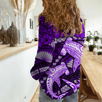 Polynesian Shark Valentine Day Women Casual Shirt Hibiscus and Tribal Tattoo Purple Style LT03 - Polynesian Pride