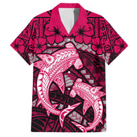 Polynesian Shark Valentine Day Family Matching Short Sleeve Bodycon Dress and Hawaiian Shirt Hibiscus and Tribal Tattoo Pink Style LT03 Dad's Shirt - Short Sleeve Pink - Polynesian Pride