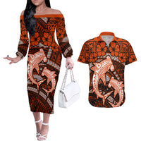 Polynesian Shark Valentine Day Couples Matching Off The Shoulder Long Sleeve Dress and Hawaiian Shirt Hibiscus and Tribal Tattoo Orange Style LT03 Orange - Polynesian Pride