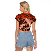 Polynesian Shark Valentine Day Raglan Cropped T Shirt Hibiscus and Tribal Tattoo Orange Style LT03 - Polynesian Pride