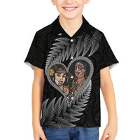 New Zealand Valentine Day Family Matching Long Sleeve Bodycon Dress and Hawaiian Shirt Aotearoa Warrior and Woman Love Heart Maori Pattern LT03 Son's Shirt Black - Polynesian Pride