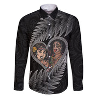 New Zealand Valentine Day Family Matching Mermaid Dress and Hawaiian Shirt Aotearoa Warrior and Woman Love Heart Maori Pattern LT03 Dad's Shirt - Long Sleeve Black - Polynesian Pride