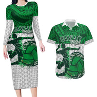 Custom Hawaii Volleyball-Kakau Motif Green Color Couples Matching Long Sleeve Bodycon Dress and Hawaiian Shirt