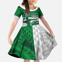 Custom Hawaii Volleyball-Kakau Motif Green Color Family Matching Off The Shoulder Long Sleeve Dress and Hawaiian Shirt