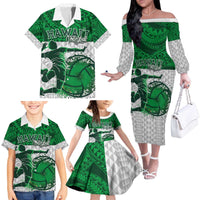 Custom Hawaii Volleyball-Kakau Motif Green Color Family Matching Off The Shoulder Long Sleeve Dress and Hawaiian Shirt